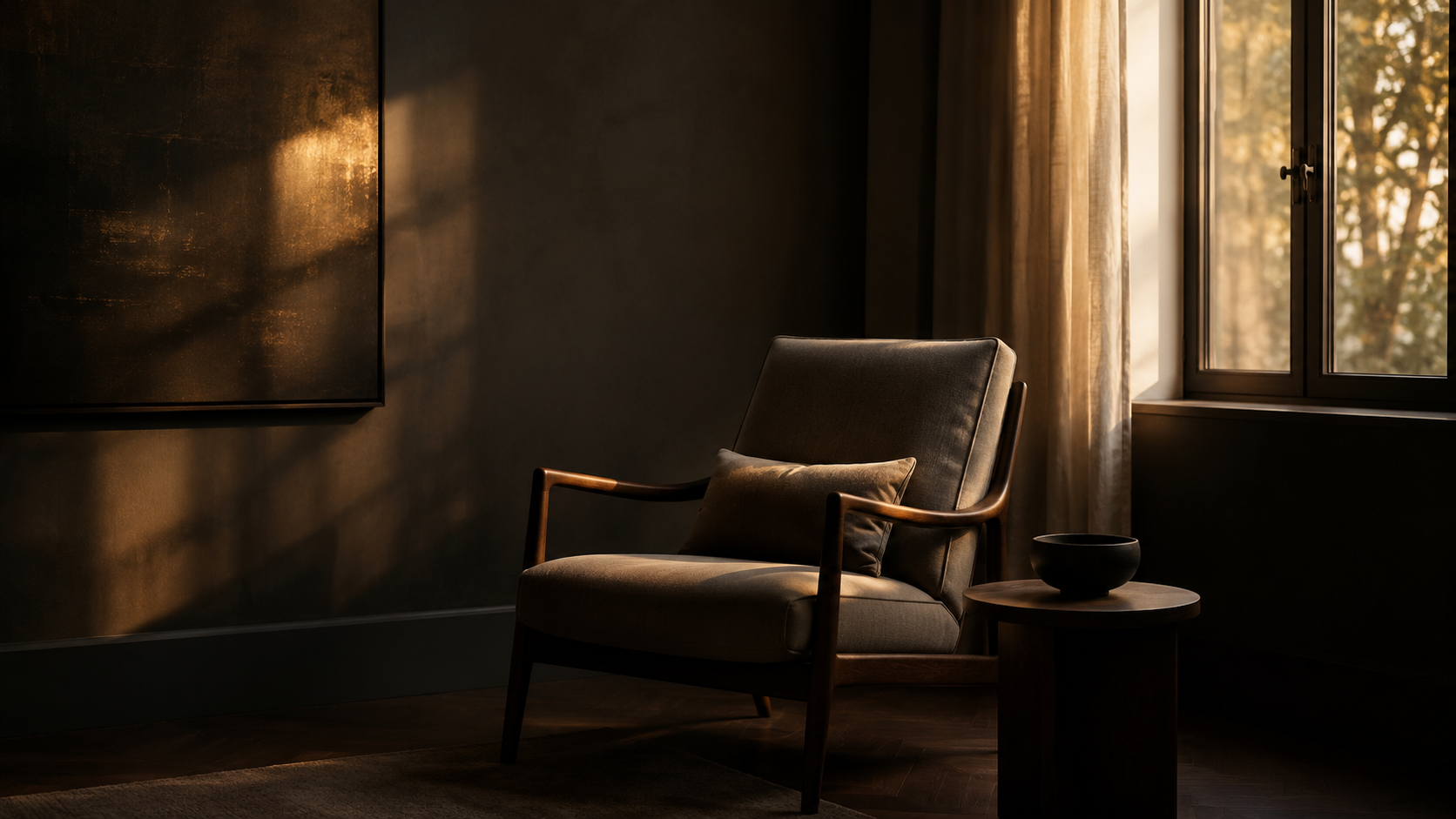A serene chair and window held in warm golden light.