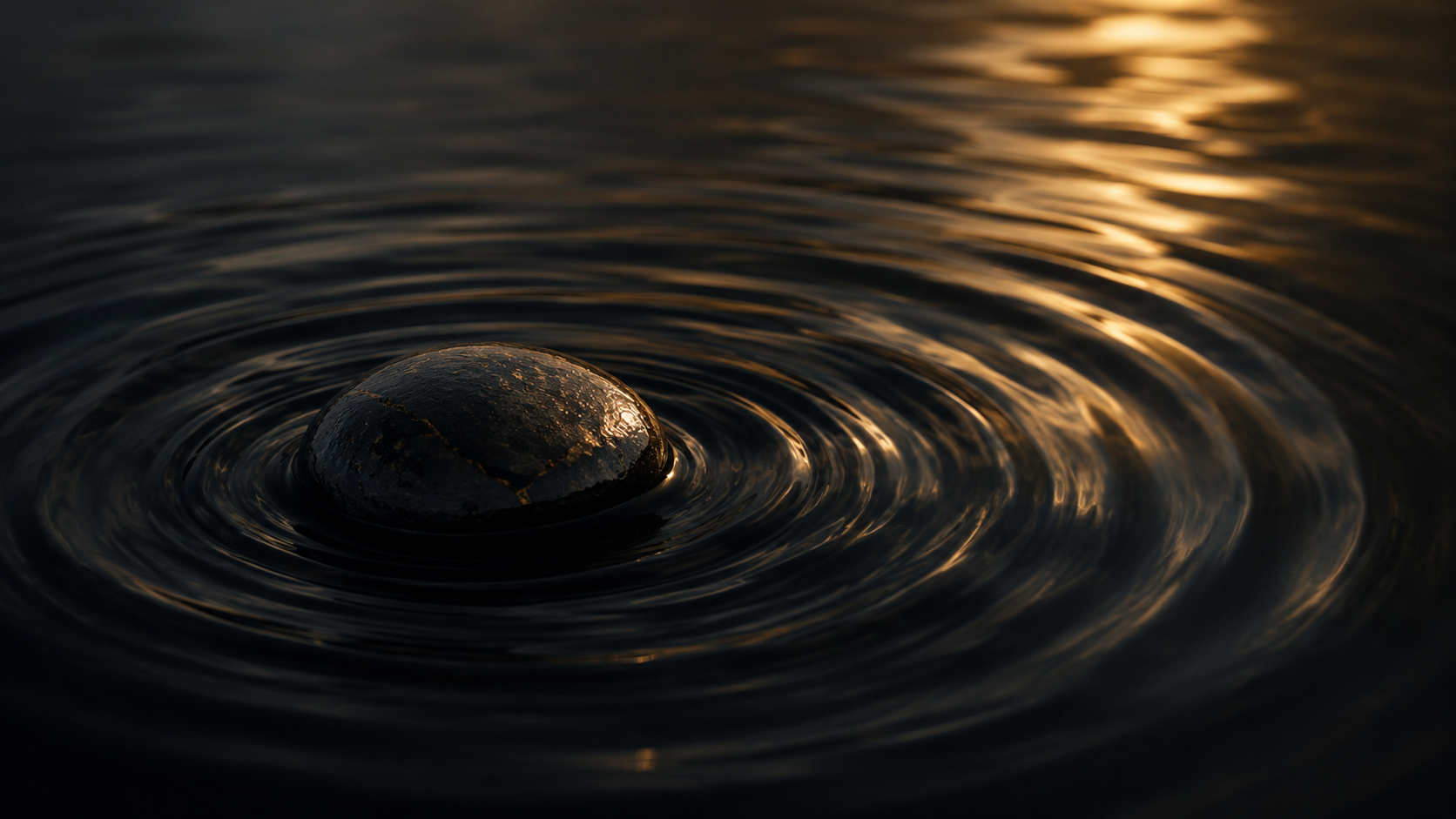 Golden ripples moving around a stone in dark water.