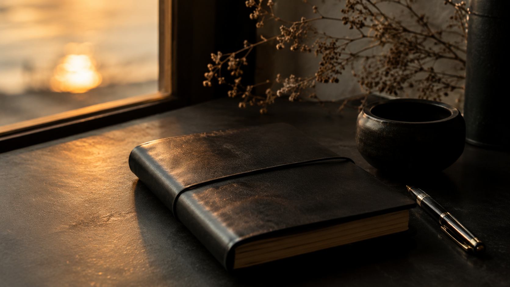 A closed journal resting on a desk in golden hour light.