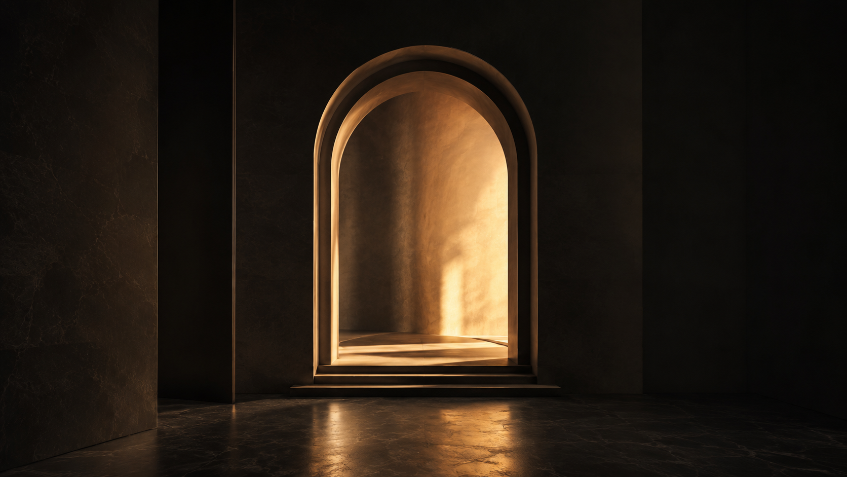 A golden archway glowing inside a dark serene interior.