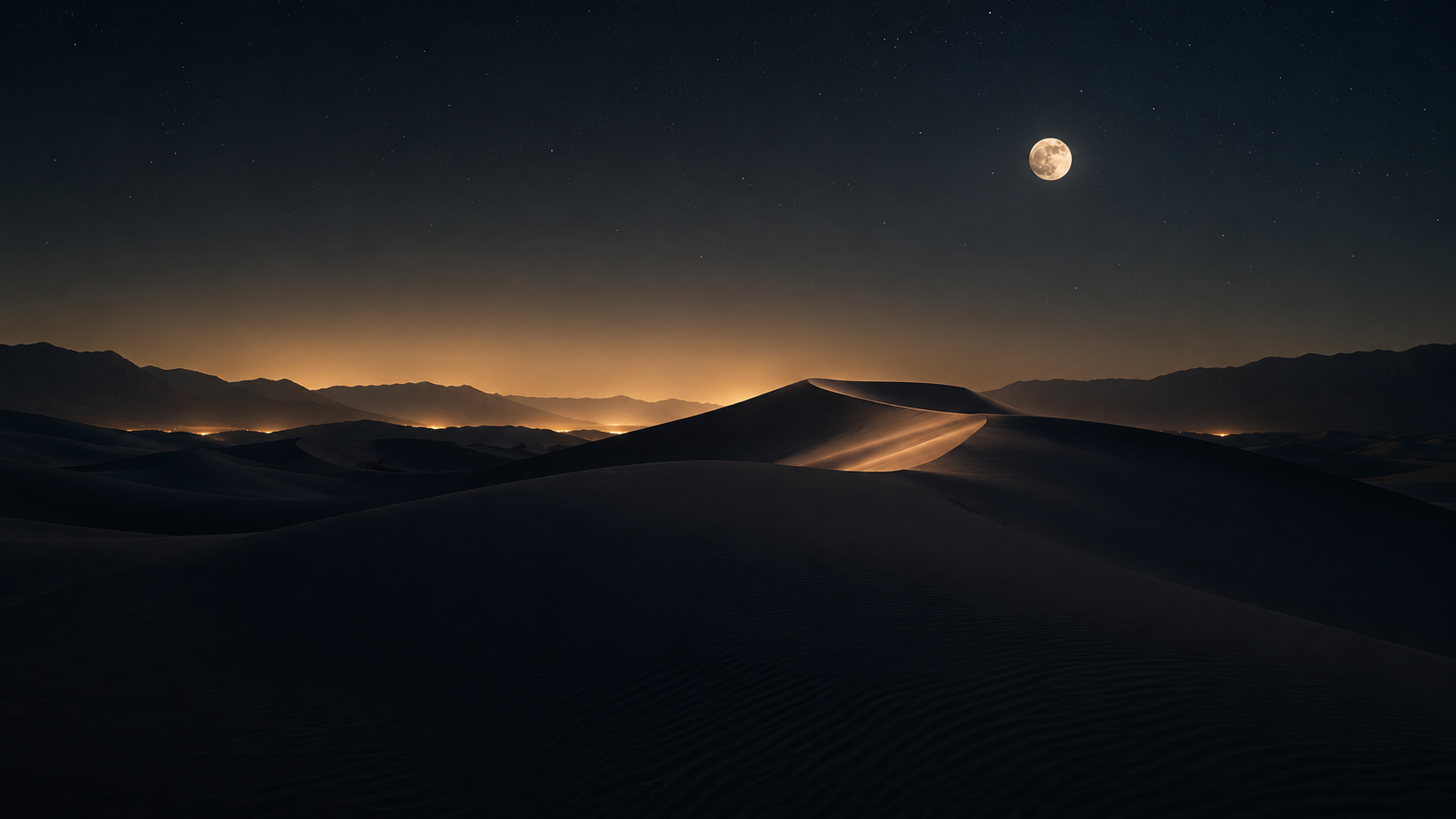 A moonlit desert with distant mountain silhouettes.